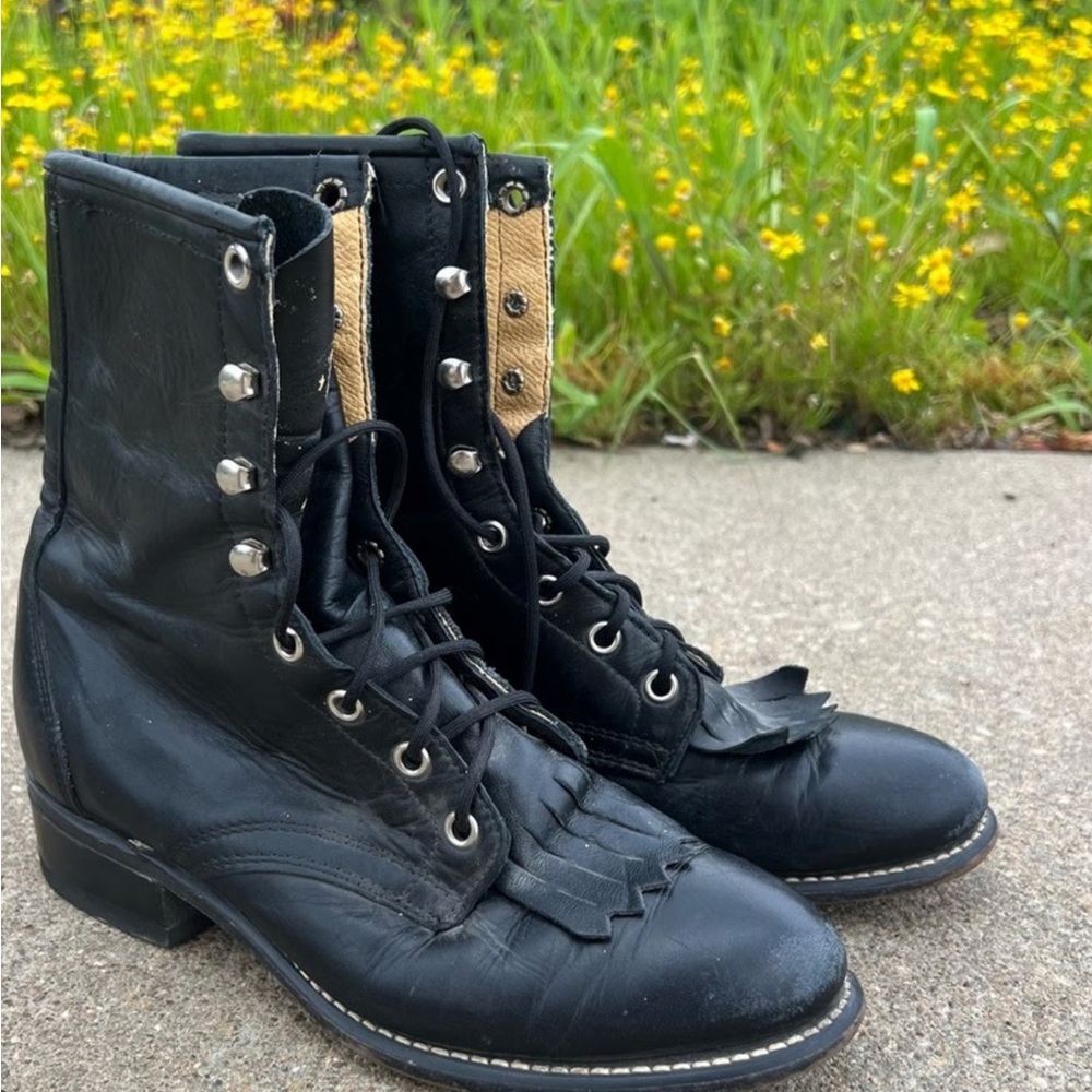 Vintage Laredo Womens Roper Boots Black Lace Up Western 7.5M